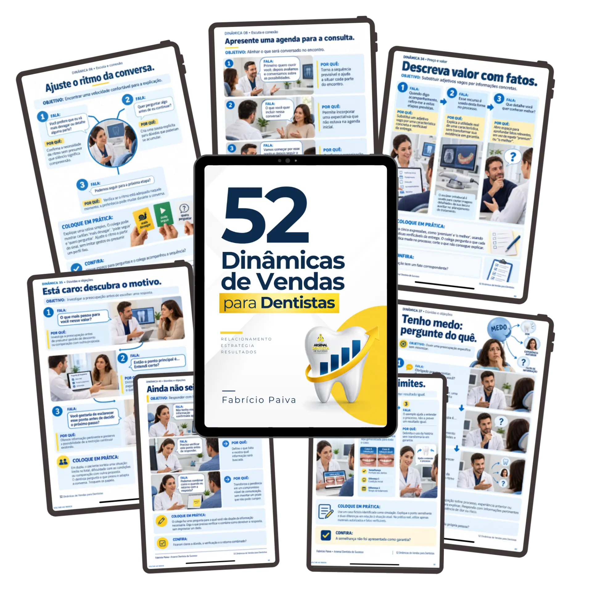 Capa e páginas do livro 52 Dinâmicas de Vendas para Dentistas